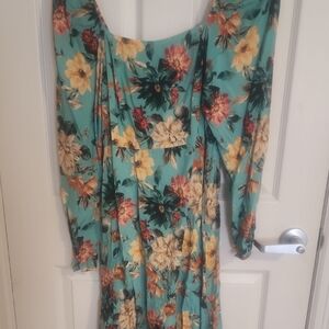 Johnny Was Teal Floral Long Sleeve Dress